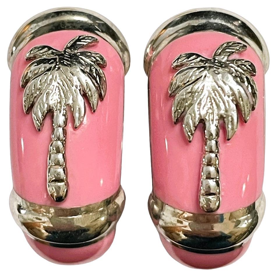 Pink Enamel and Sterling Silver Palm Tree Earrings Omega Clip Post Backs