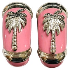 Vintage Pink Enamel and Sterling Silver Palm Tree Earrings Omega Clip Post Backs
