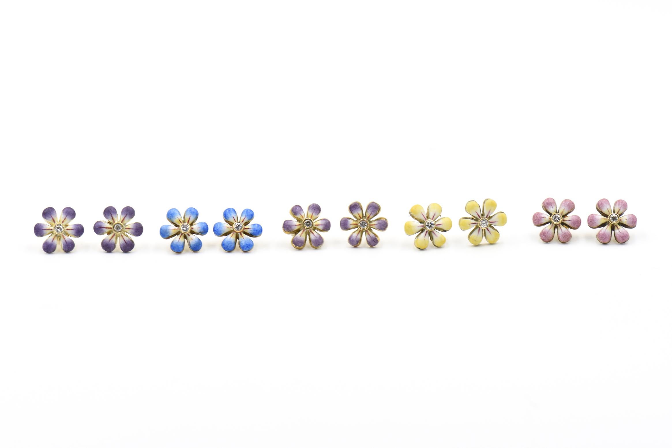 Round Cut Pink Enamel Daisy Flower Diamond Gold Earrings by Sandra J. Sensations For Sale