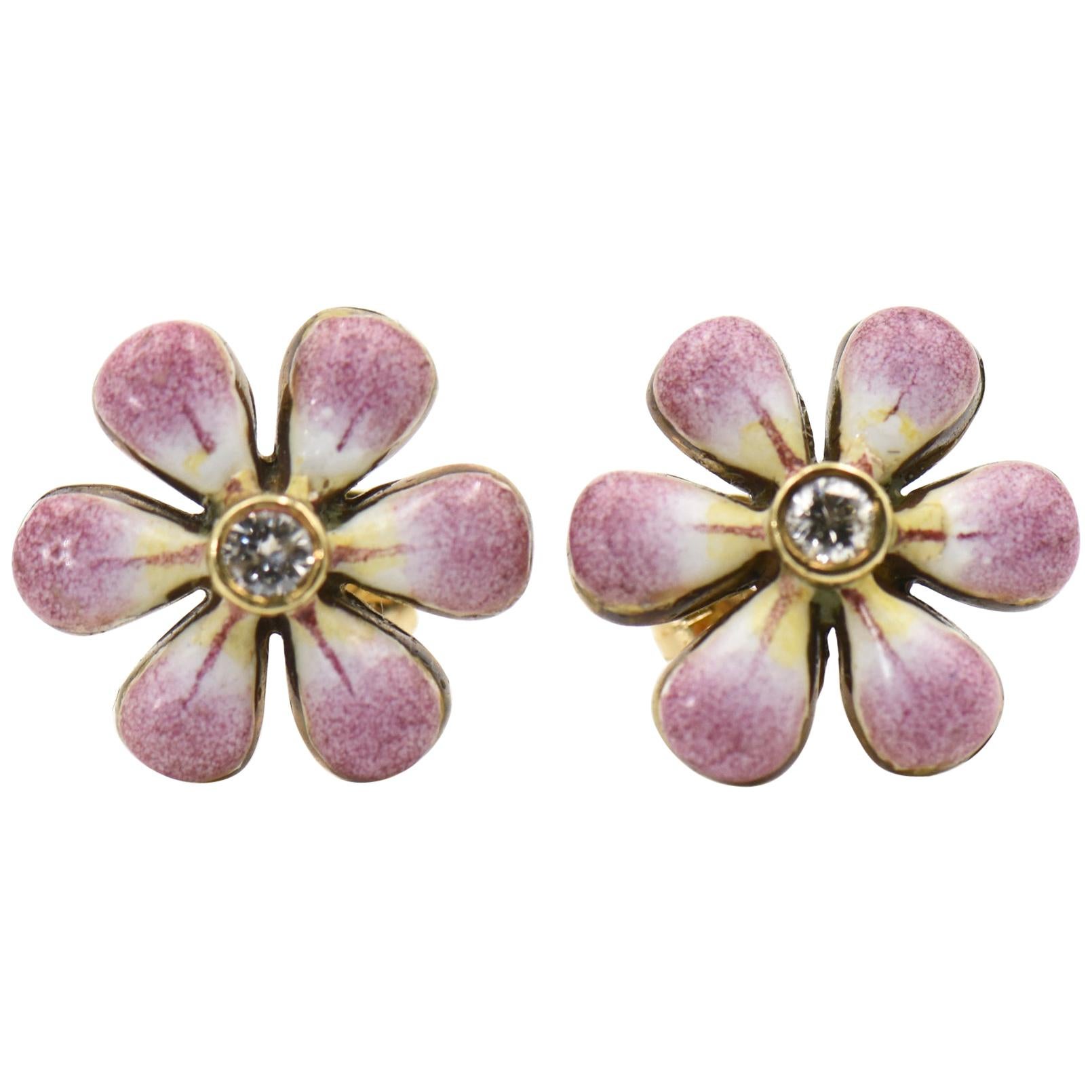 Pink Enamel Daisy Flower Diamond Gold Earrings by Sandra J. Sensations For Sale