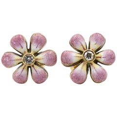 Retro Pink Enamel Daisy Flower Diamond Gold Earrings by Sandra J. Sensations