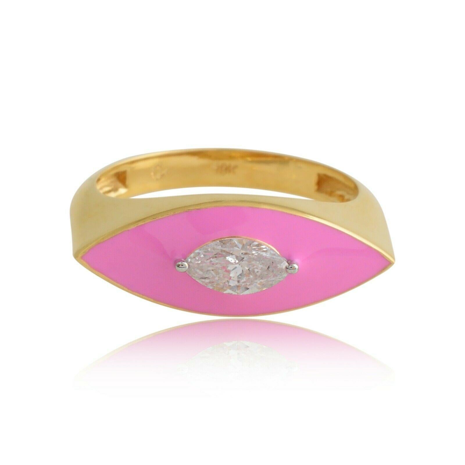 Marquise Cut Pink Enamel Diamond 18 Karat Gold Marquise Ring For Sale