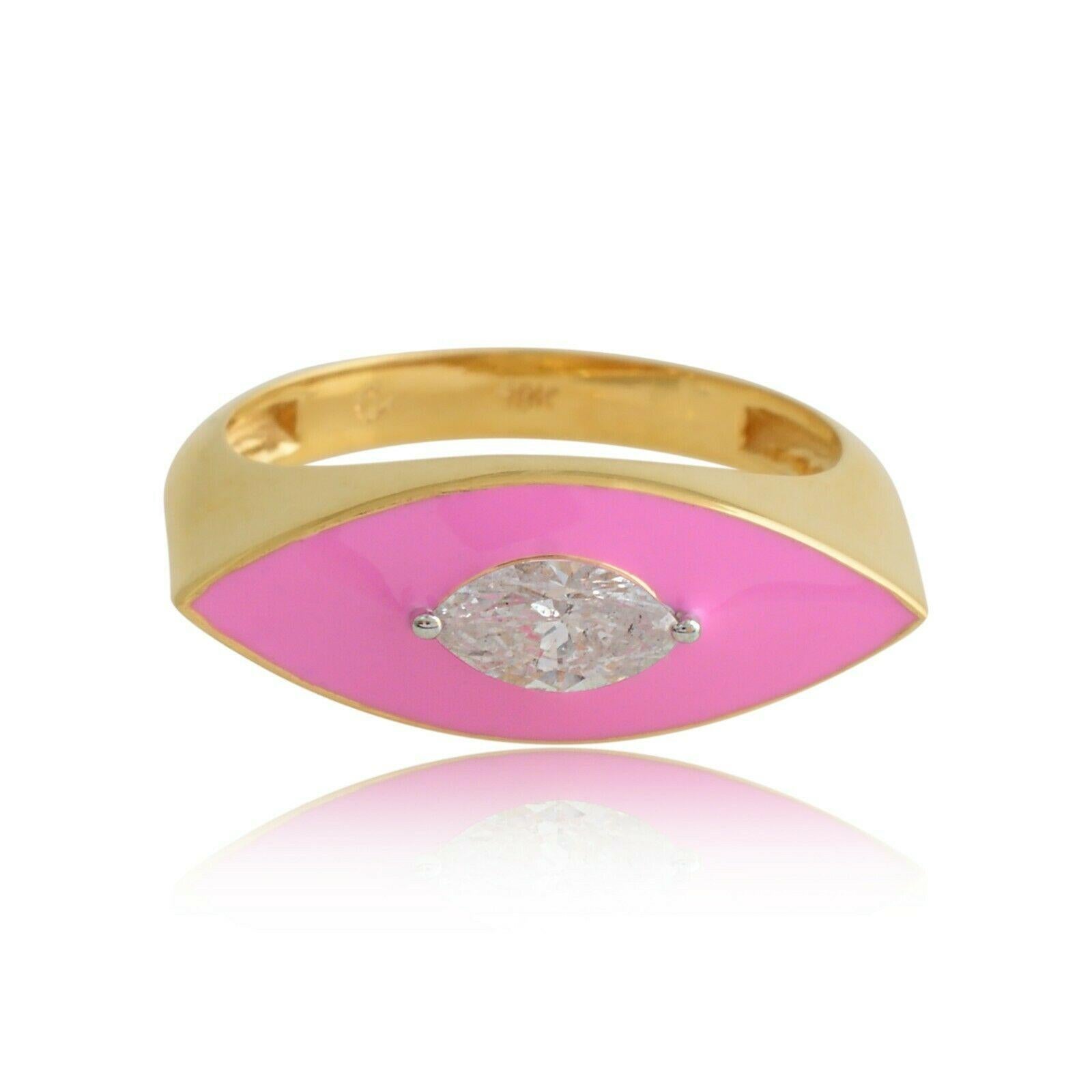 Pink Enamel Diamond 18 Karat Gold Marquise Ring In New Condition For Sale In Hoffman Estate, IL