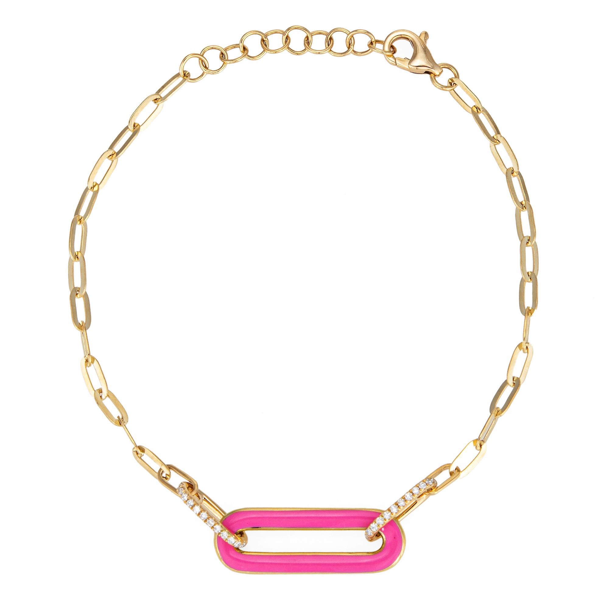 Round Cut Pink Enamel Diamond Bracelet 14k Yellow Gold Adjustable Length Layering Stacking For Sale