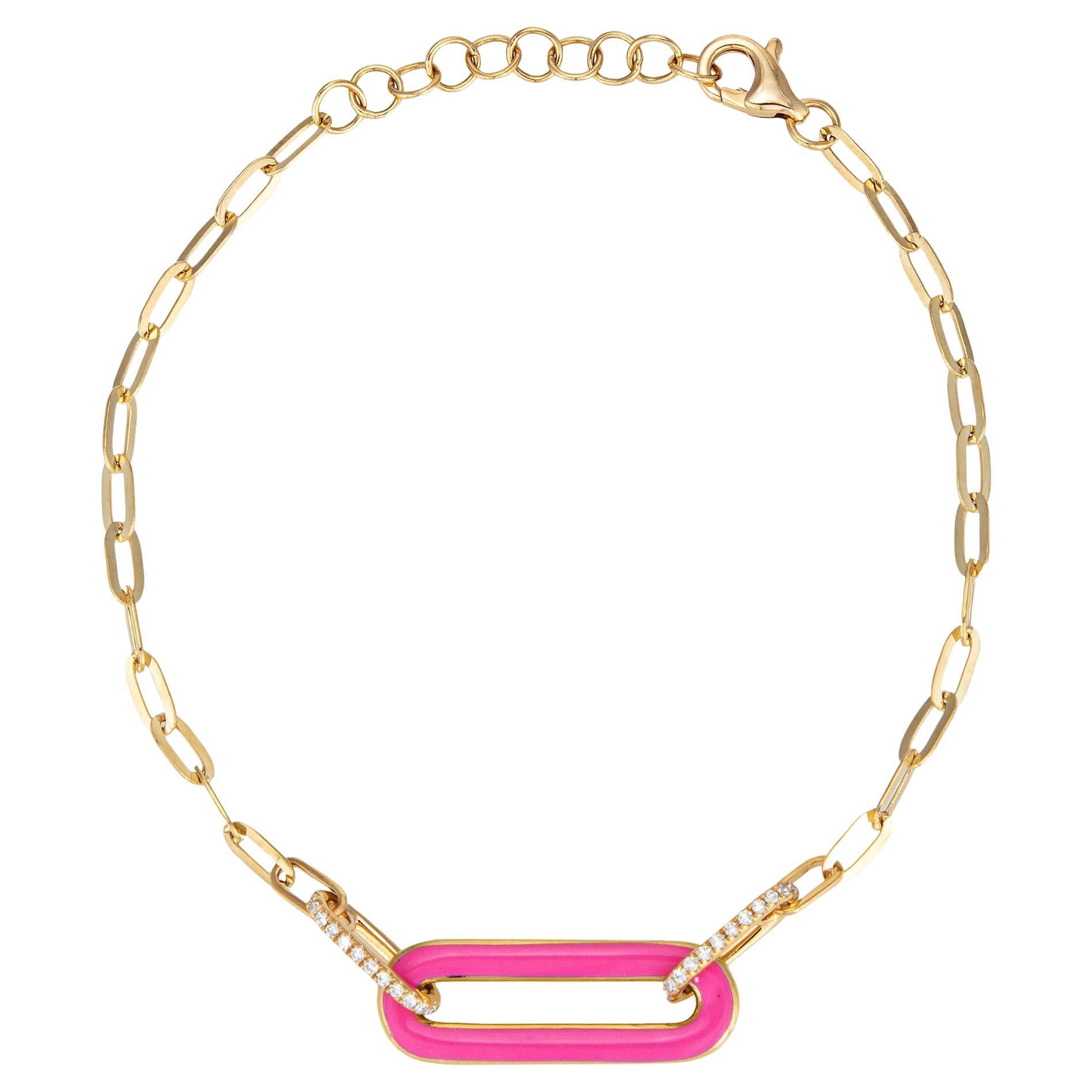 Pink Enamel Diamond Bracelet 14k Yellow Gold Adjustable Length Layering Stacking For Sale