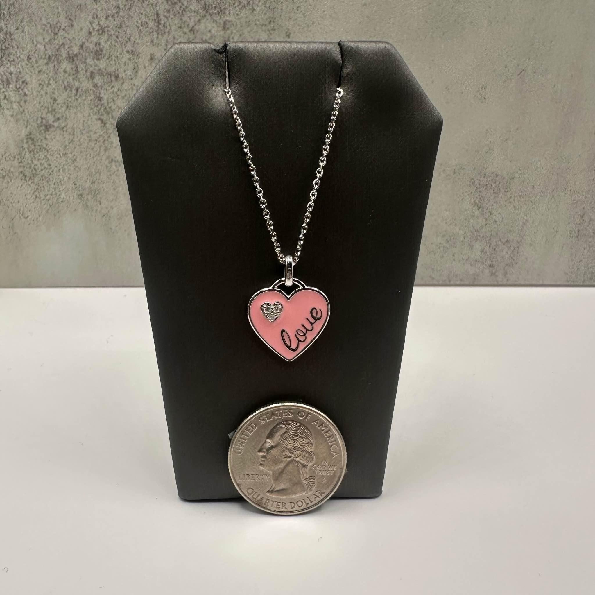Pink Enamel & Diamond Heart Necklace in Sterling Silver - 0.06ctw Diamonds, New In New Condition In West Hempstead, NY