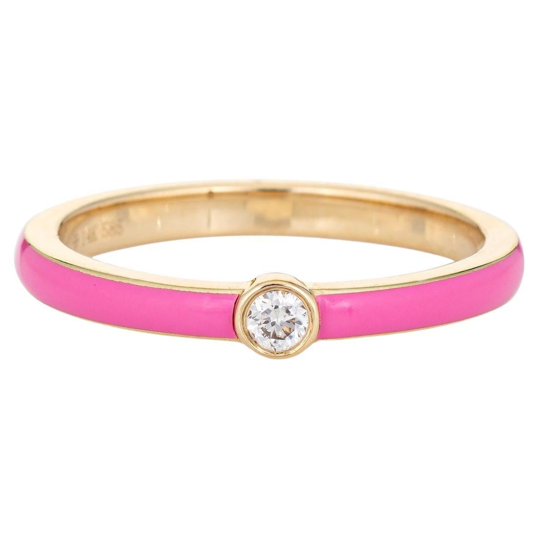Pink Enamel Diamond Ring 14k Yellow Gold Stacking Band Fine Jewelry