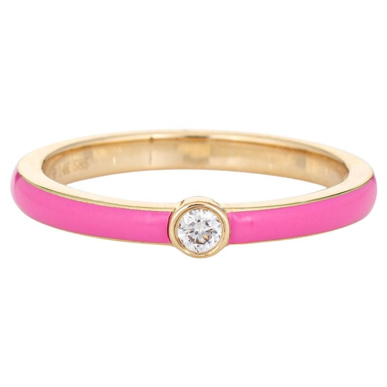 Pink Enamel Diamond Ring 14k Yellow Gold Stacking Band Fine Jewelry For ...