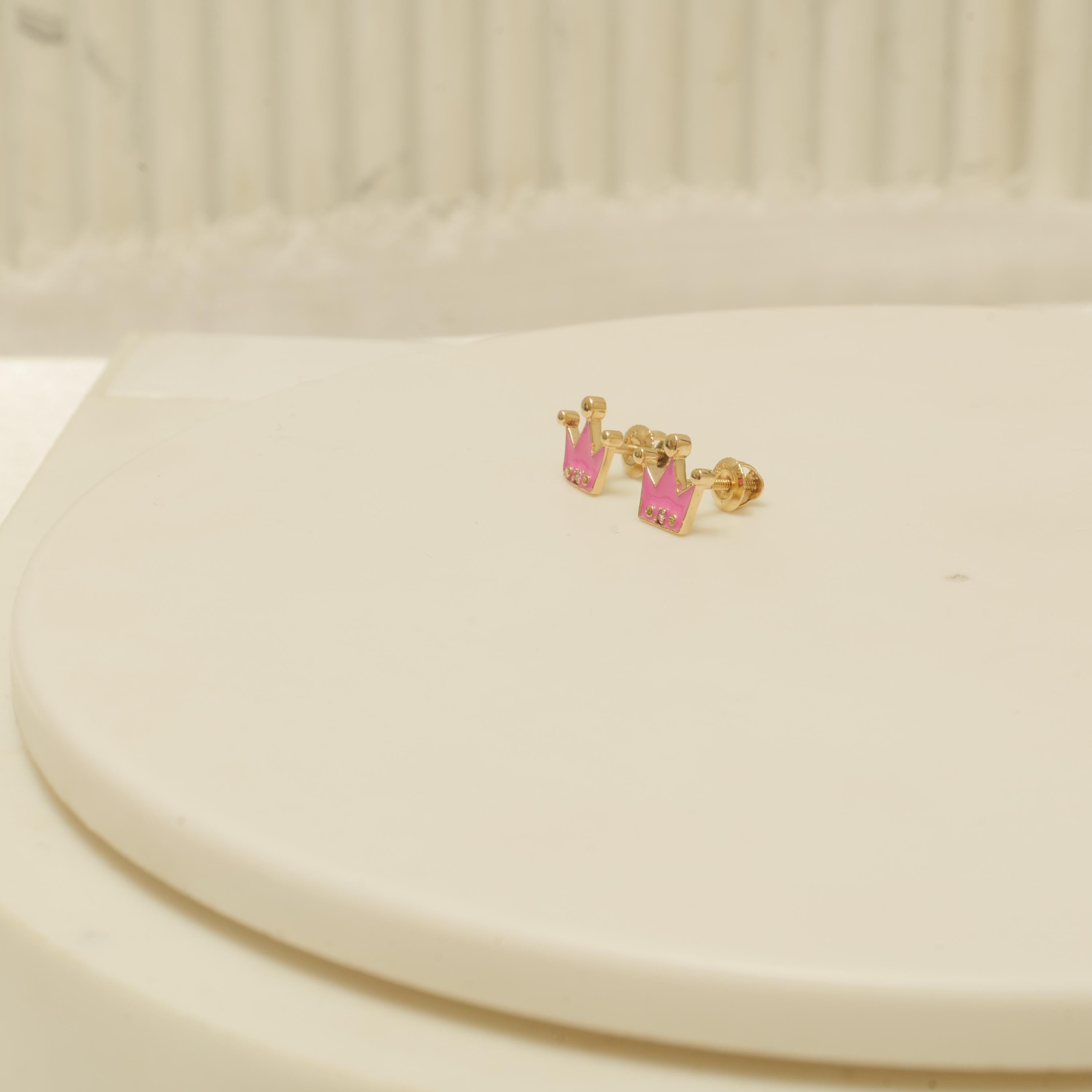 Boucles d'oreilles en or massif 14K avec diamant en émail rose (certifié) Neuf - En vente à New Delhi, DL