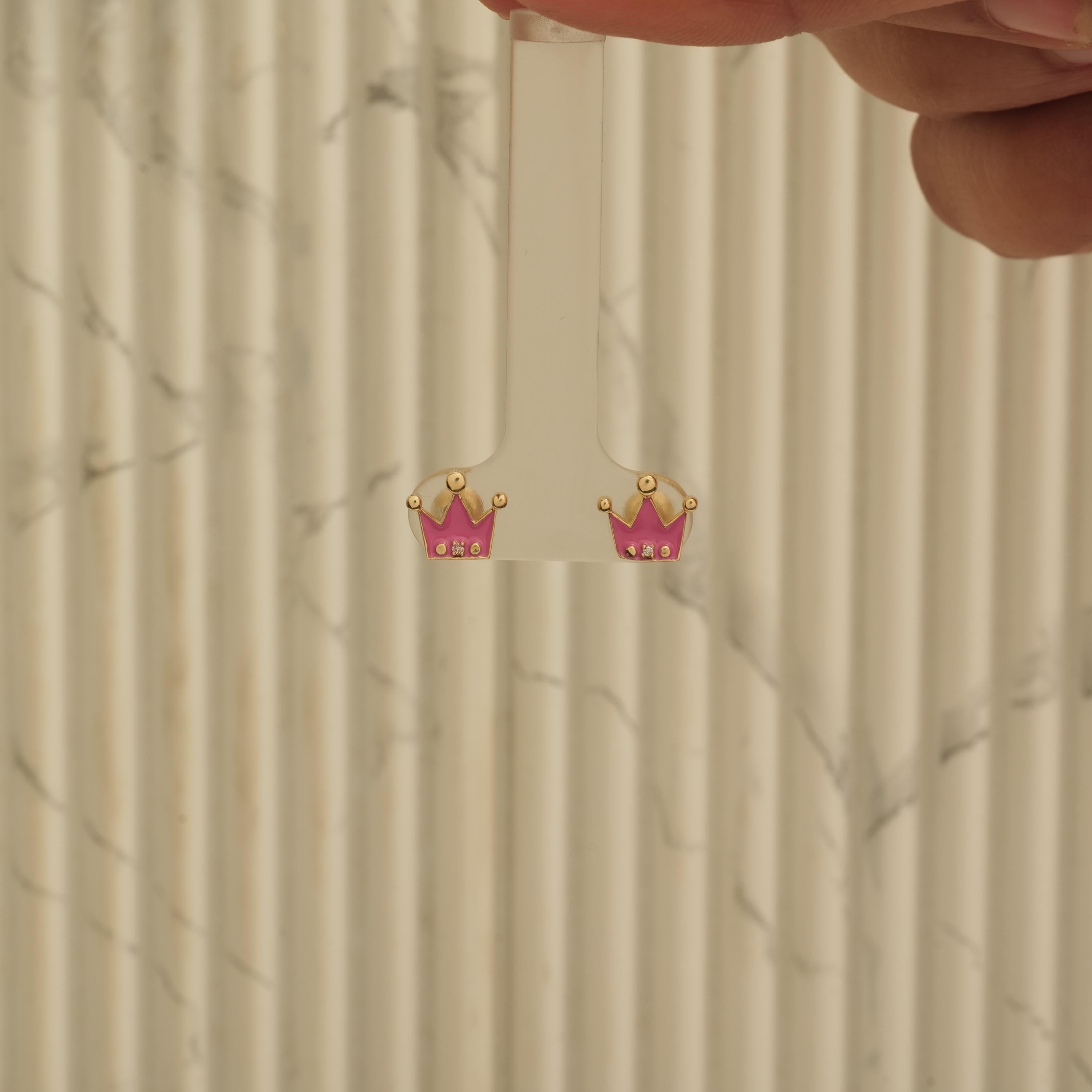 Boucles d'oreilles en or massif 14K avec diamant en émail rose (certifié) Pour femmes en vente