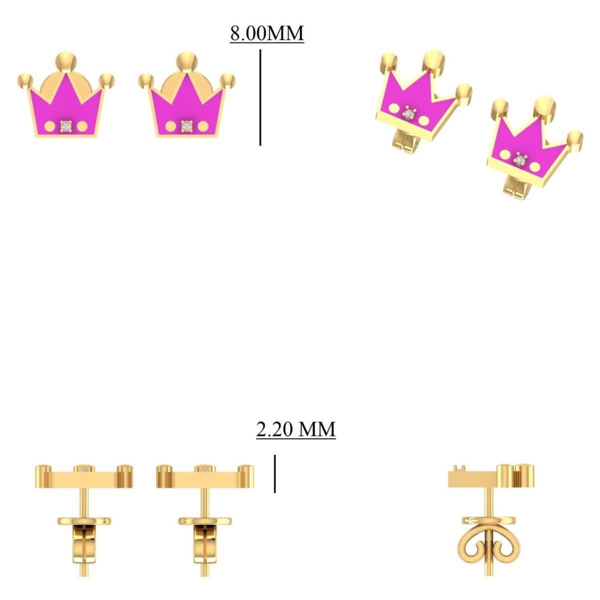 Boucles d'oreilles en or massif 14K avec diamant en émail rose (certifié) en vente 2