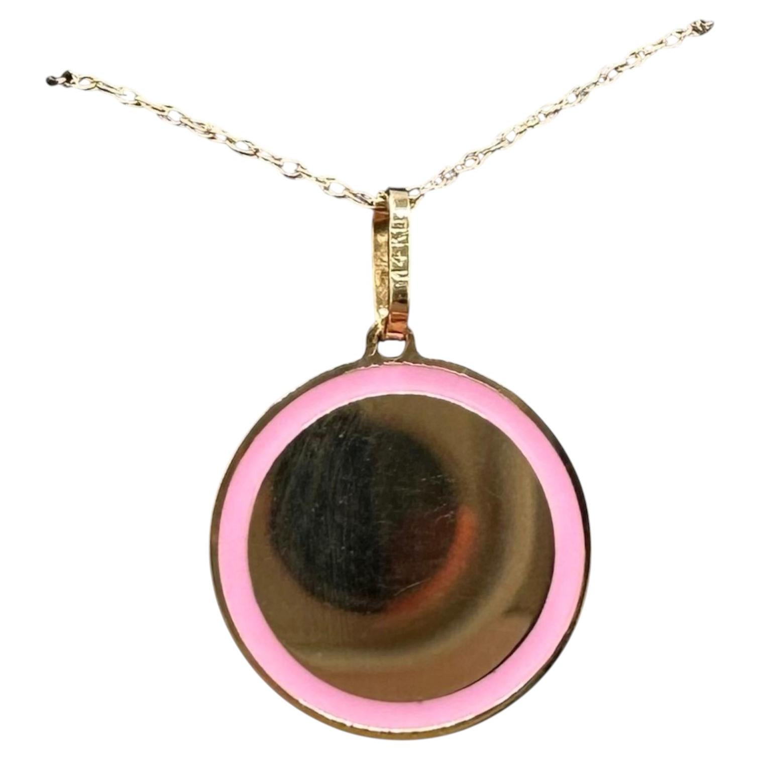 Pink Enamel Disc Necklace 14K Yellow Gold 18in 1.9g For Sale