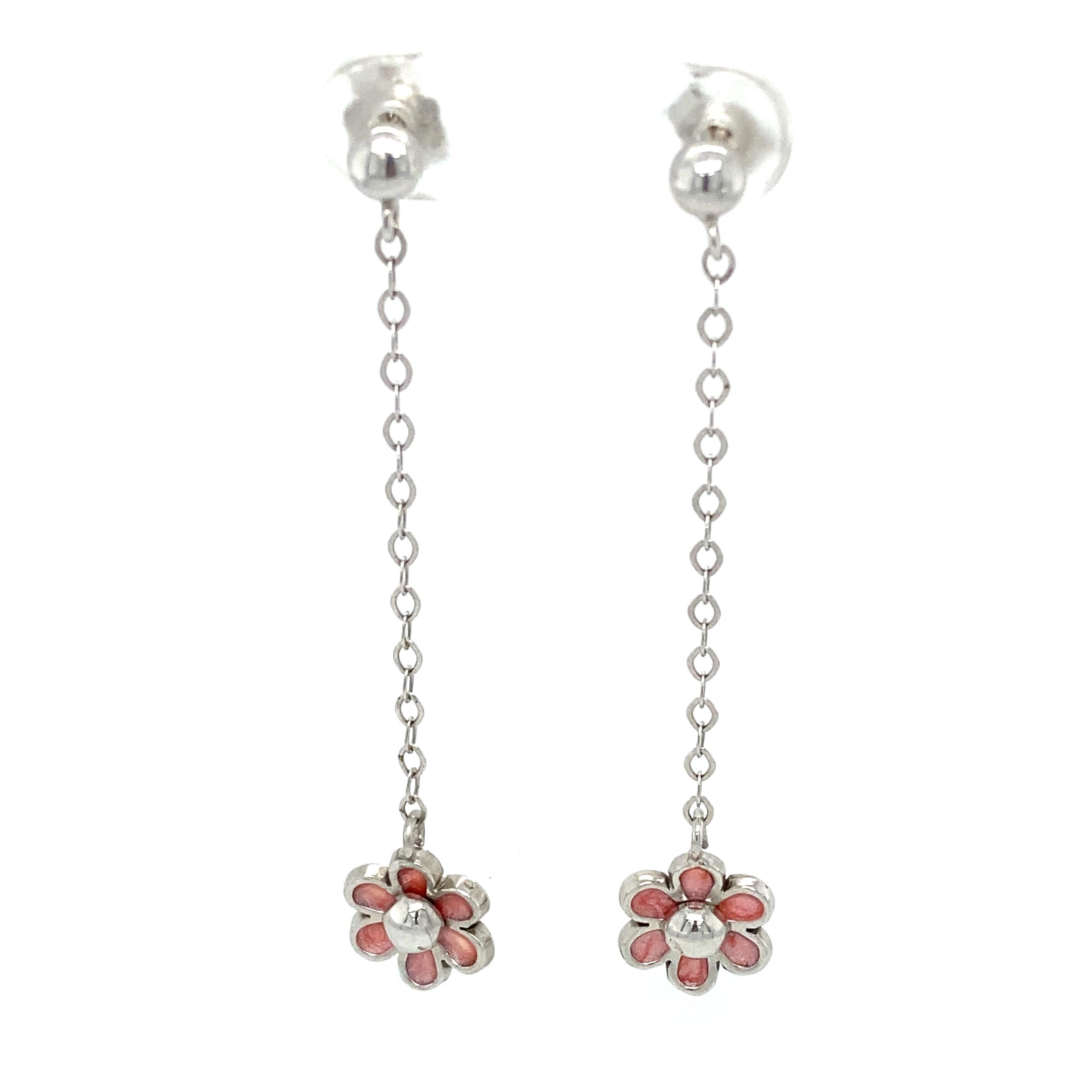 Modern Pink Enamel Flower Drop Earrings in 14 Karat White Gold For Sale