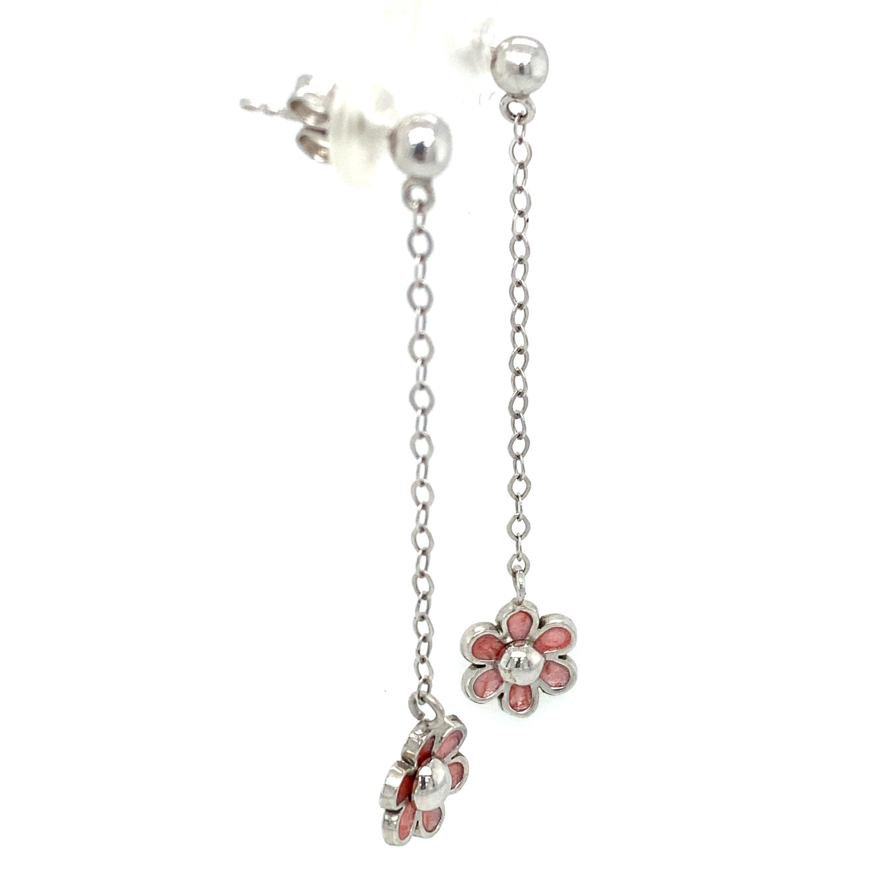 Pink Enamel Flower Drop Earrings in 14 Karat White Gold In Excellent Condition For Sale In Atlanta, GA