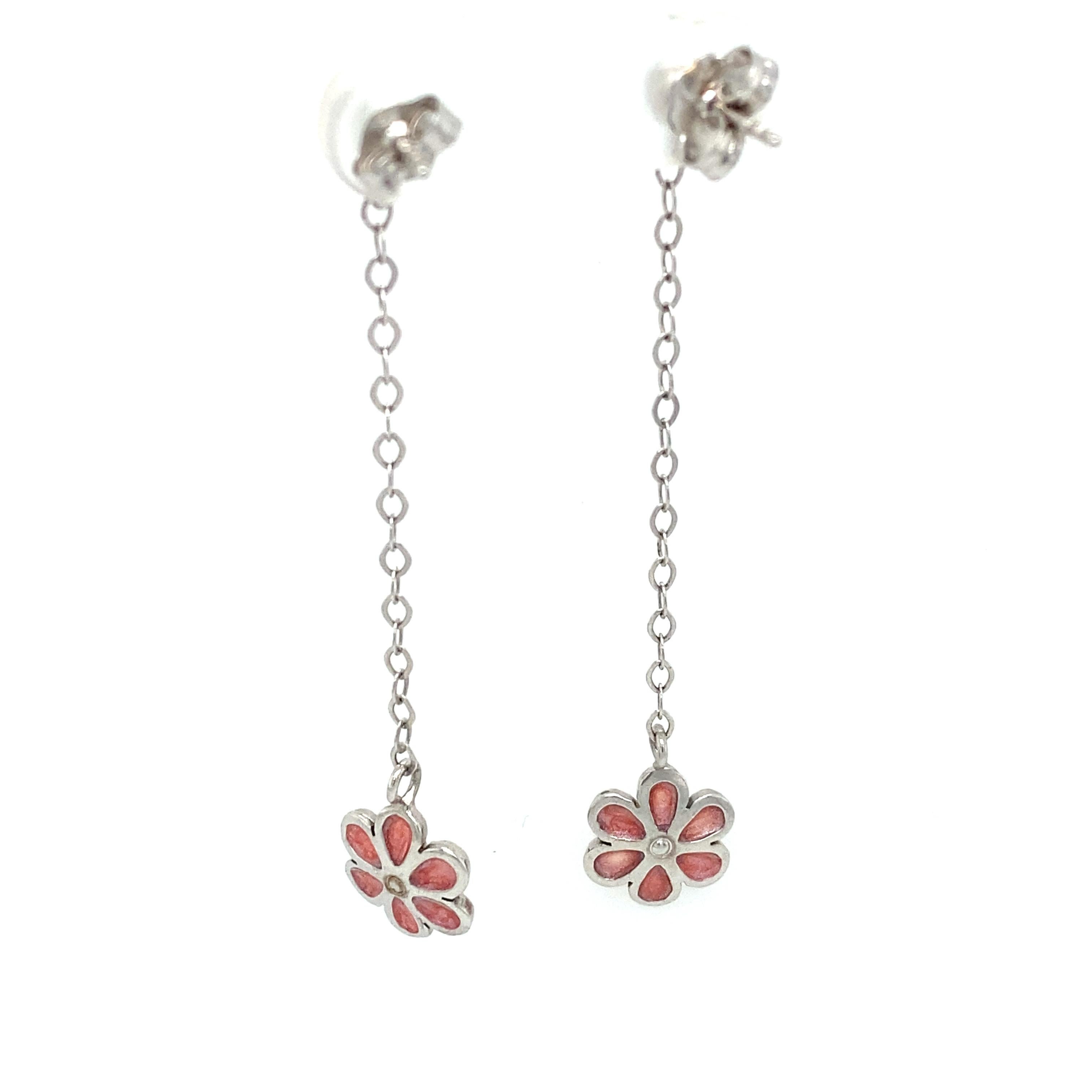 Women's or Men's Pink Enamel Flower Drop Earrings in 14 Karat White Gold For Sale