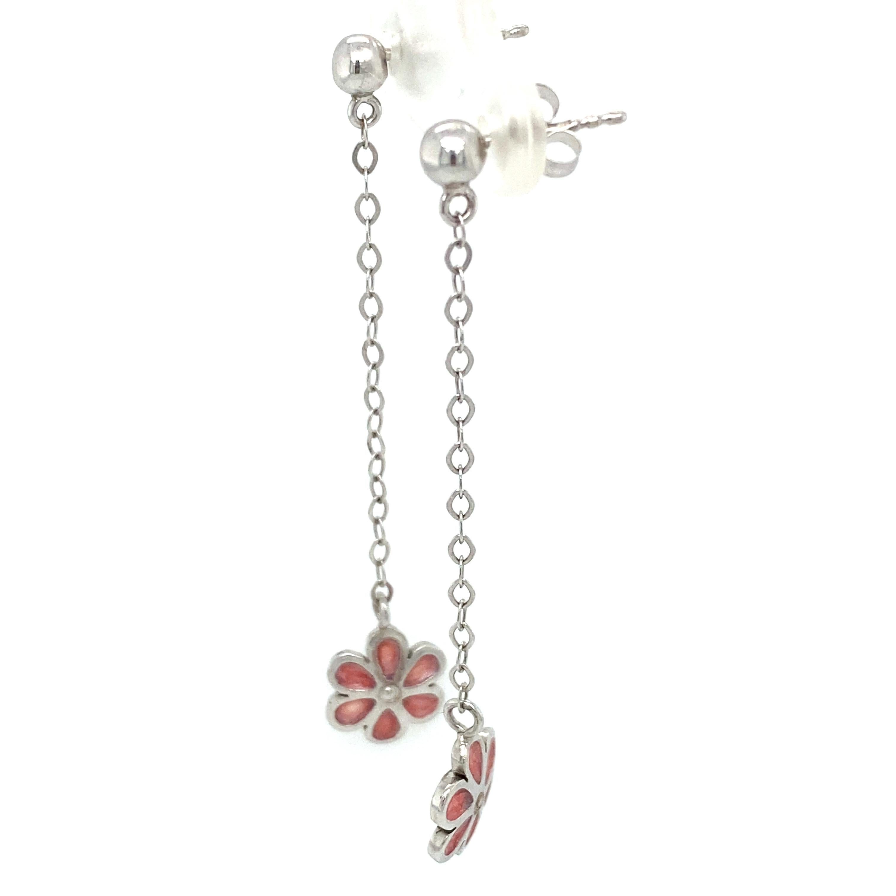 Pink Enamel Flower Drop Earrings in 14 Karat White Gold For Sale 1