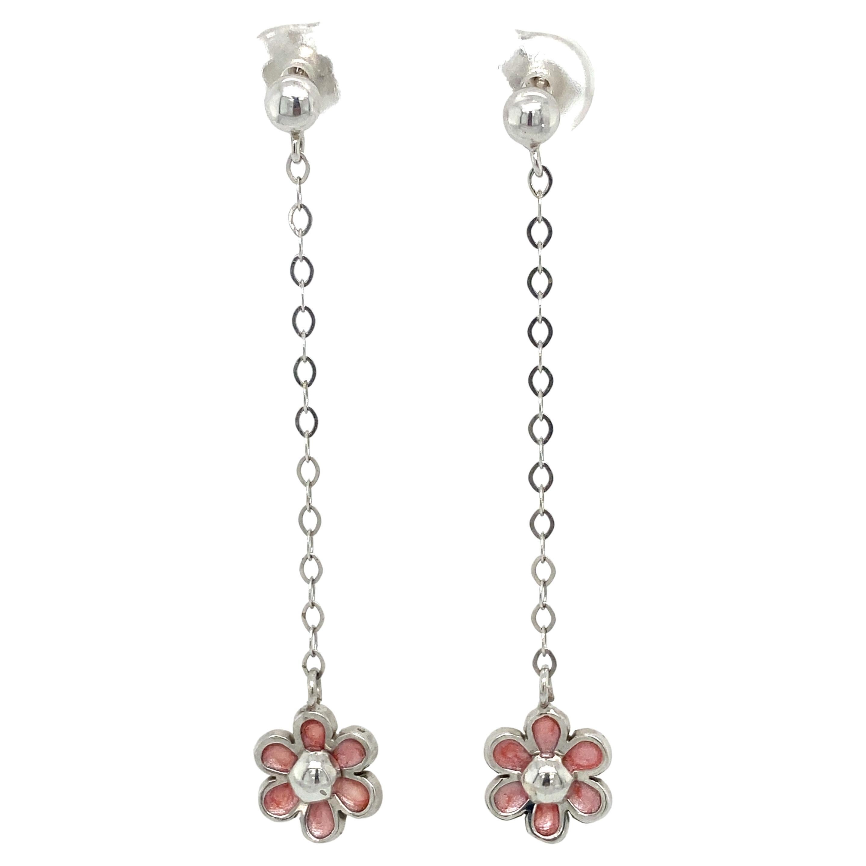 Pink Enamel Flower Drop Earrings in 14 Karat White Gold For Sale