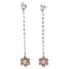 Retro Pink Enamel Flower Drop Earrings in 14 Karat White Gold