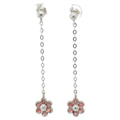 Vintage Pink Enamel Flower Drop Earrings in 14 Karat White Gold