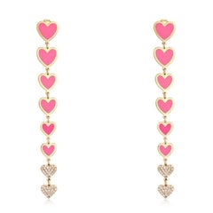 Pink Enamel Heart Drop 14K (or 18k upon request) Yellow Gold Dangle Earrings