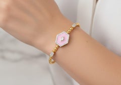 Pink Enamel Hexagon Diamond Halo Beaded Cuff Bracelet 14k Yellow Gold