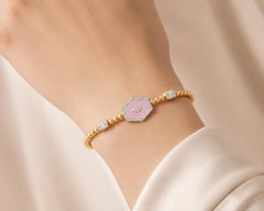 Pink Enamel Hexagon Diamond Halo Beaded Cuff Bracelet 18k Yellow Gold
