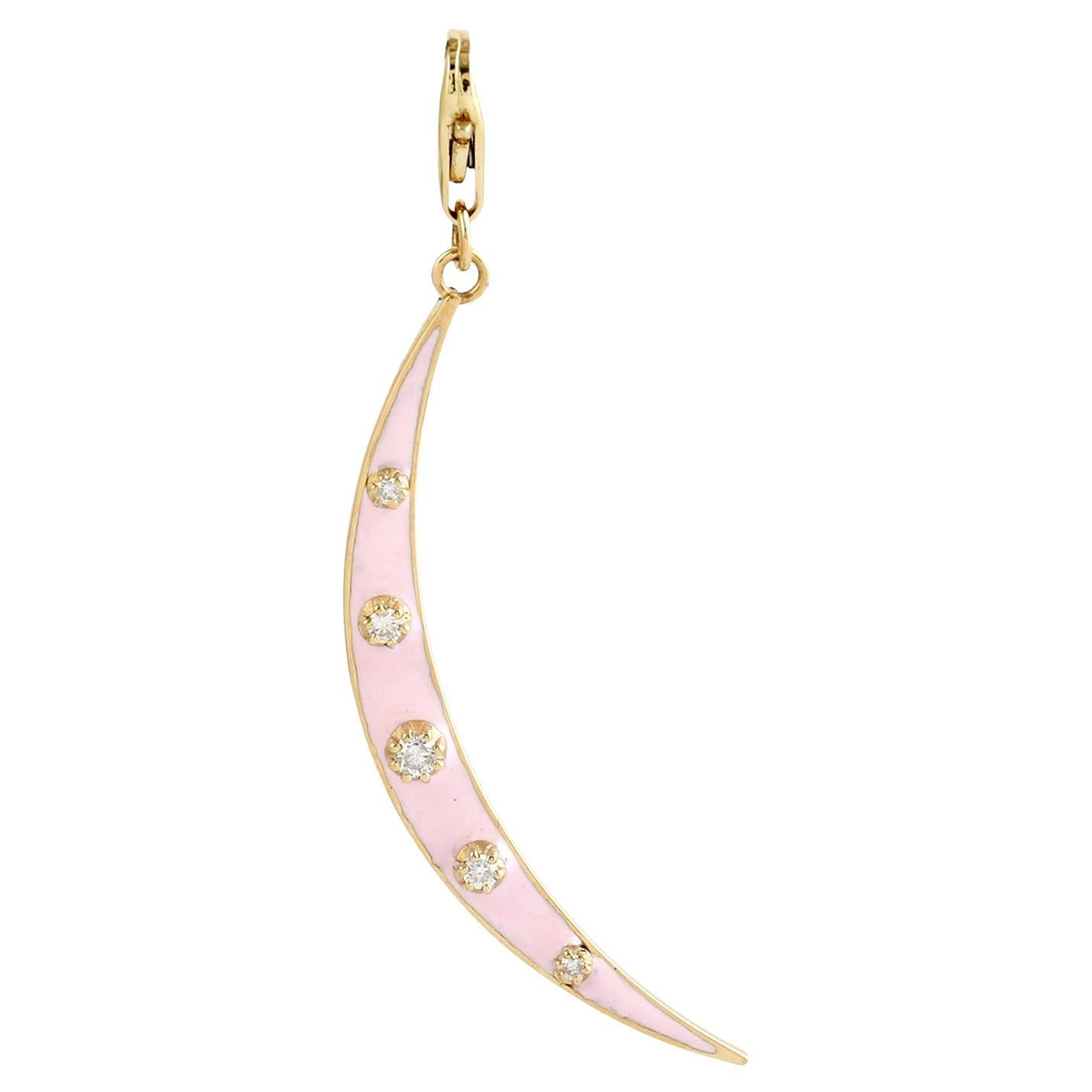 Pink Enamel Moon Pendant With Diamonds Made In 14k Yellow Gold
