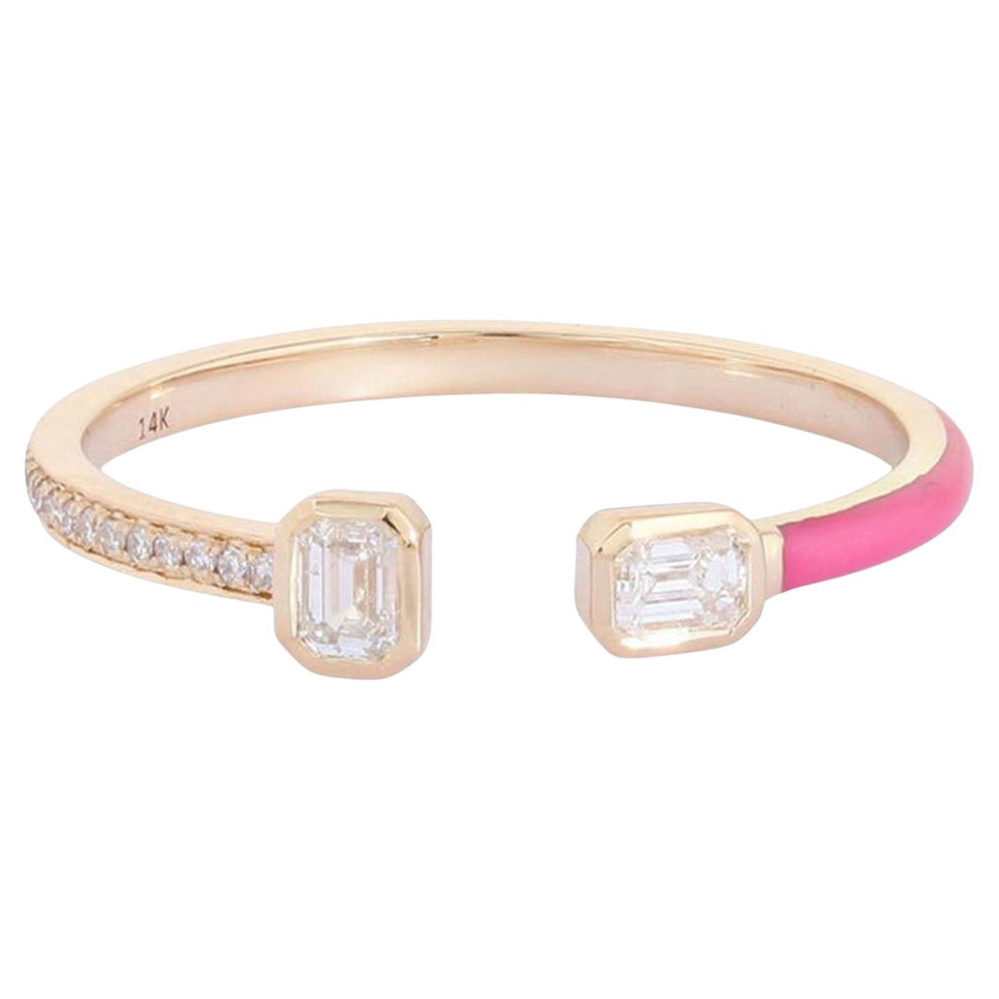 For Sale:  Pink Enamel Open 14K (or 18k upon request) Yellow Gold Diamond Ring