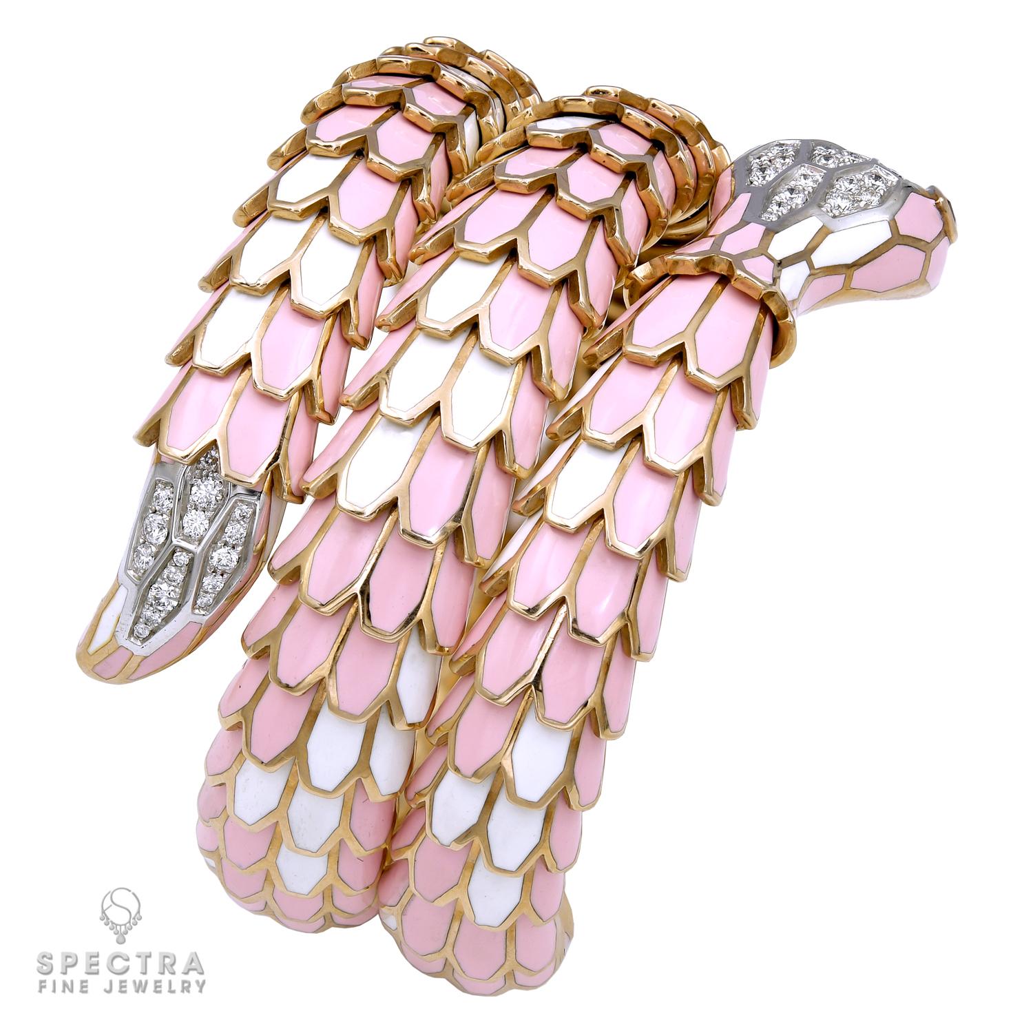A flexible bracelet designed as a snake with diamonds and ruby eyes. 
Made in 18k rose gold & silver with pink & white enamel body.
Weight is 138.05 grams.
The bracelet does NOT contain a watch.
Fits wrists from 5 to 8 inches.
Made in Italy.