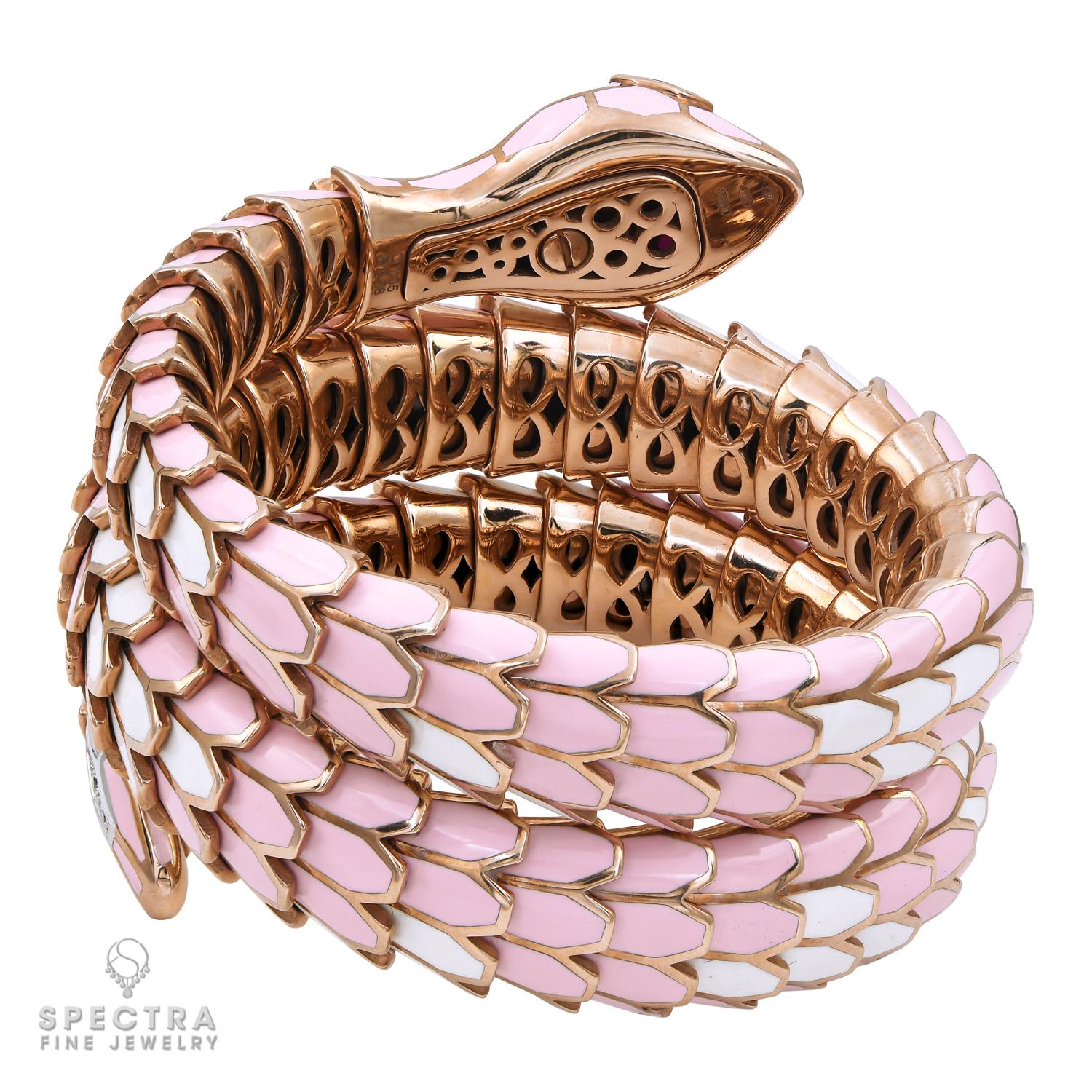 Pink Enamel Ruby Diamond Snake Bracelet In New Condition In New York, NY