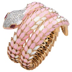 Pink Enamel Ruby Diamond Snake Bracelet