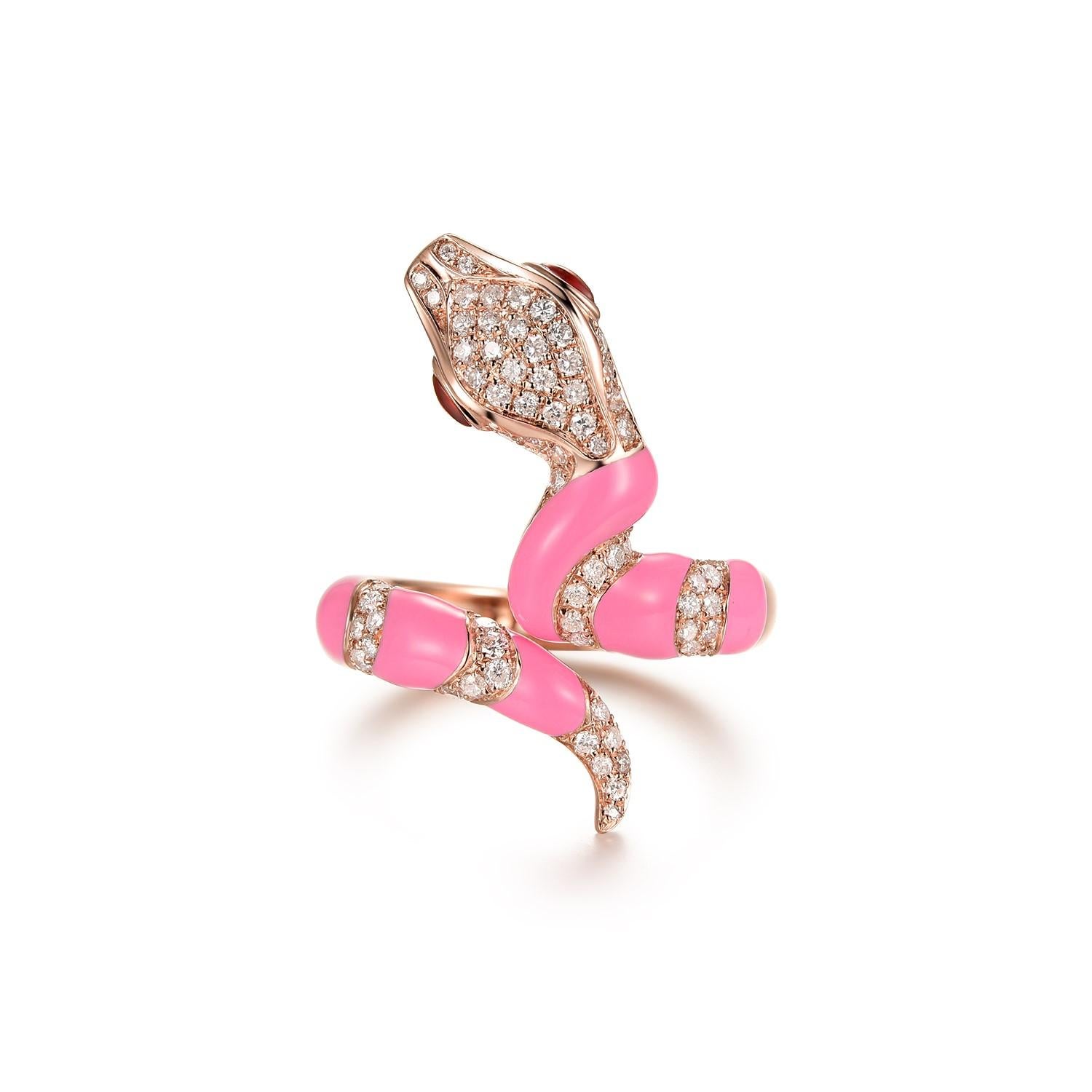 This stunning snake ring features 0.6 carat of white round diamonds, the body is covered with pink enamel. The eyes of the ring is set with green jade. The snake can be customized in any color or stones. Feel free to contact me for inquiry. More