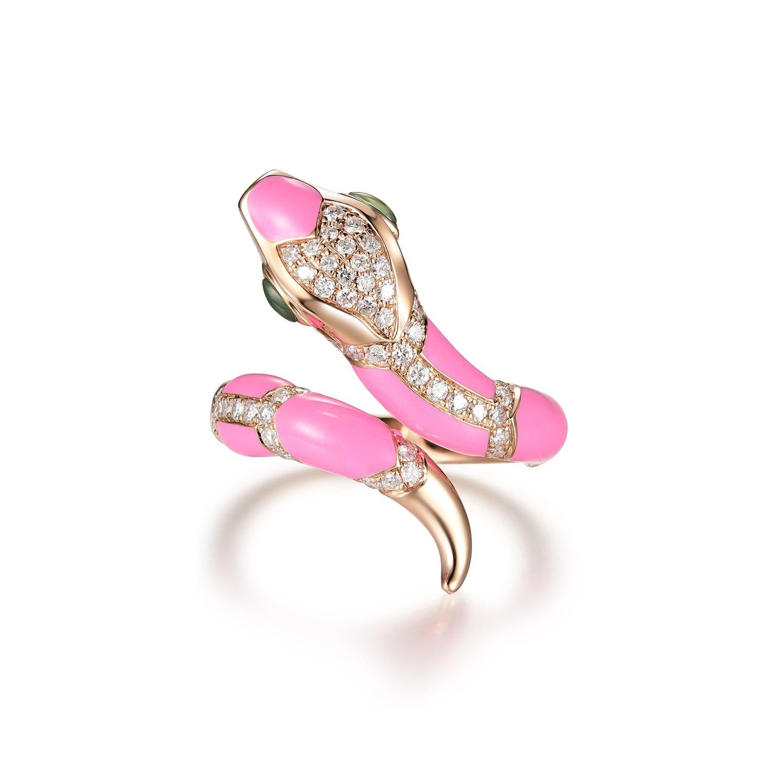 This stunning snake ring features 0.57 carat of white round diamonds, the body is covered with pink enamel. The eyes of the ring is set with green jade. The snake can be customized in any color or stones. Feel free to contact me for inquiry. More