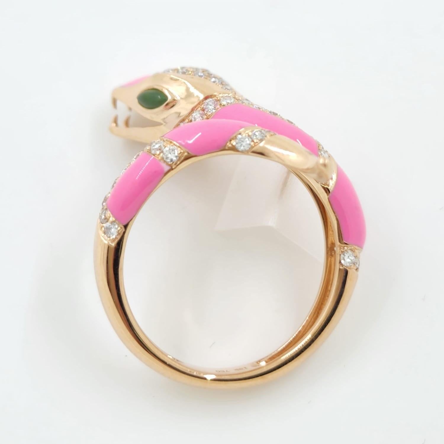 Art Deco Pink Enamel Snake Diamond Ring in 18 Karat Rose Gold