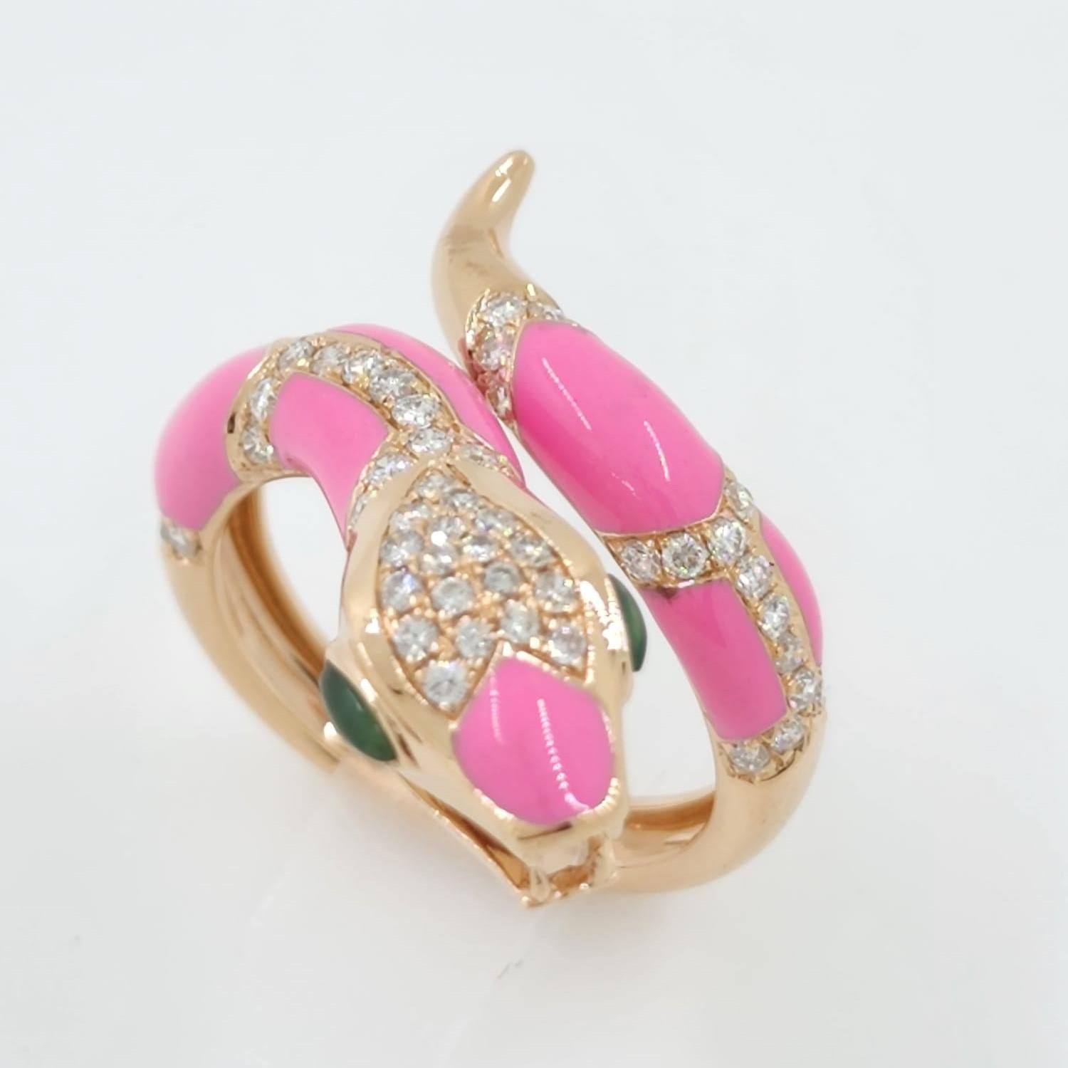Round Cut Pink Enamel Snake Diamond Ring in 18 Karat Rose Gold