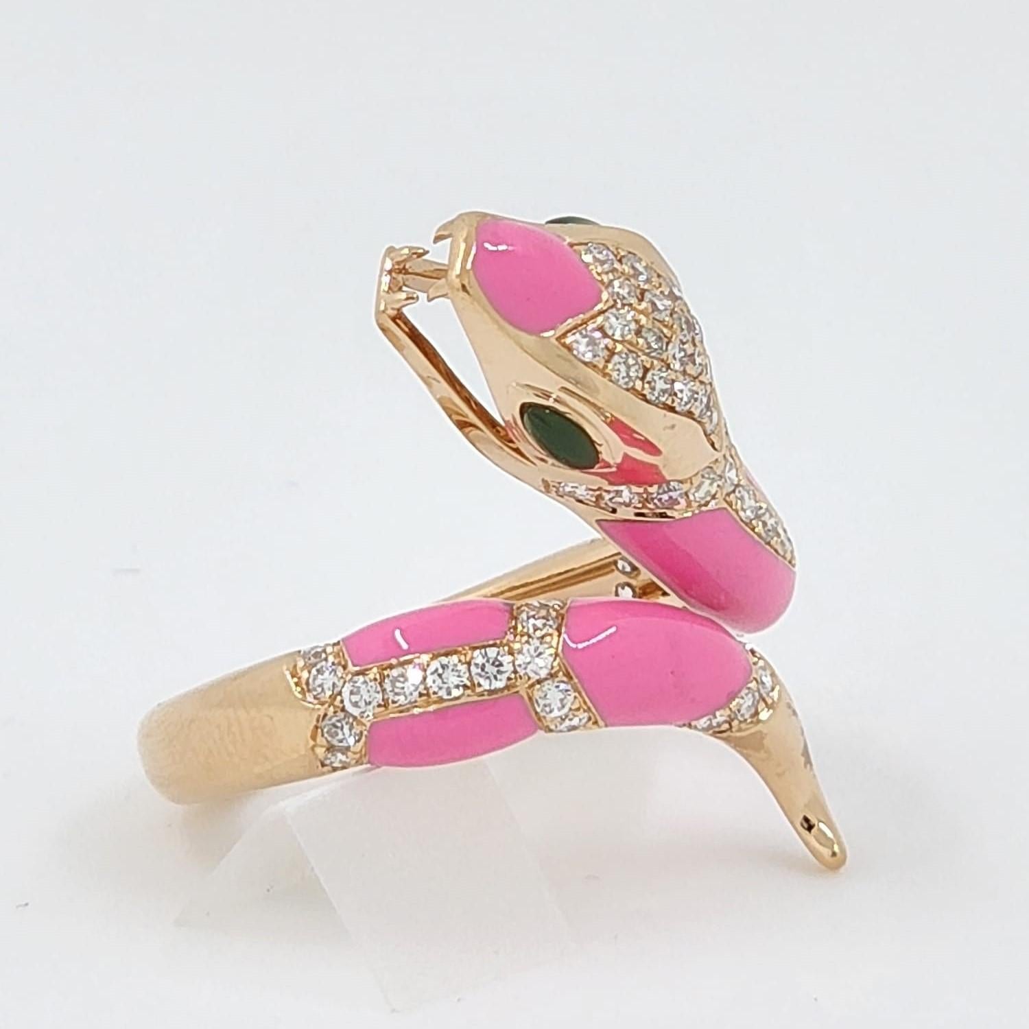 Pink Enamel Snake Diamond Ring in 18 Karat Rose Gold In New Condition In Hong Kong, HK