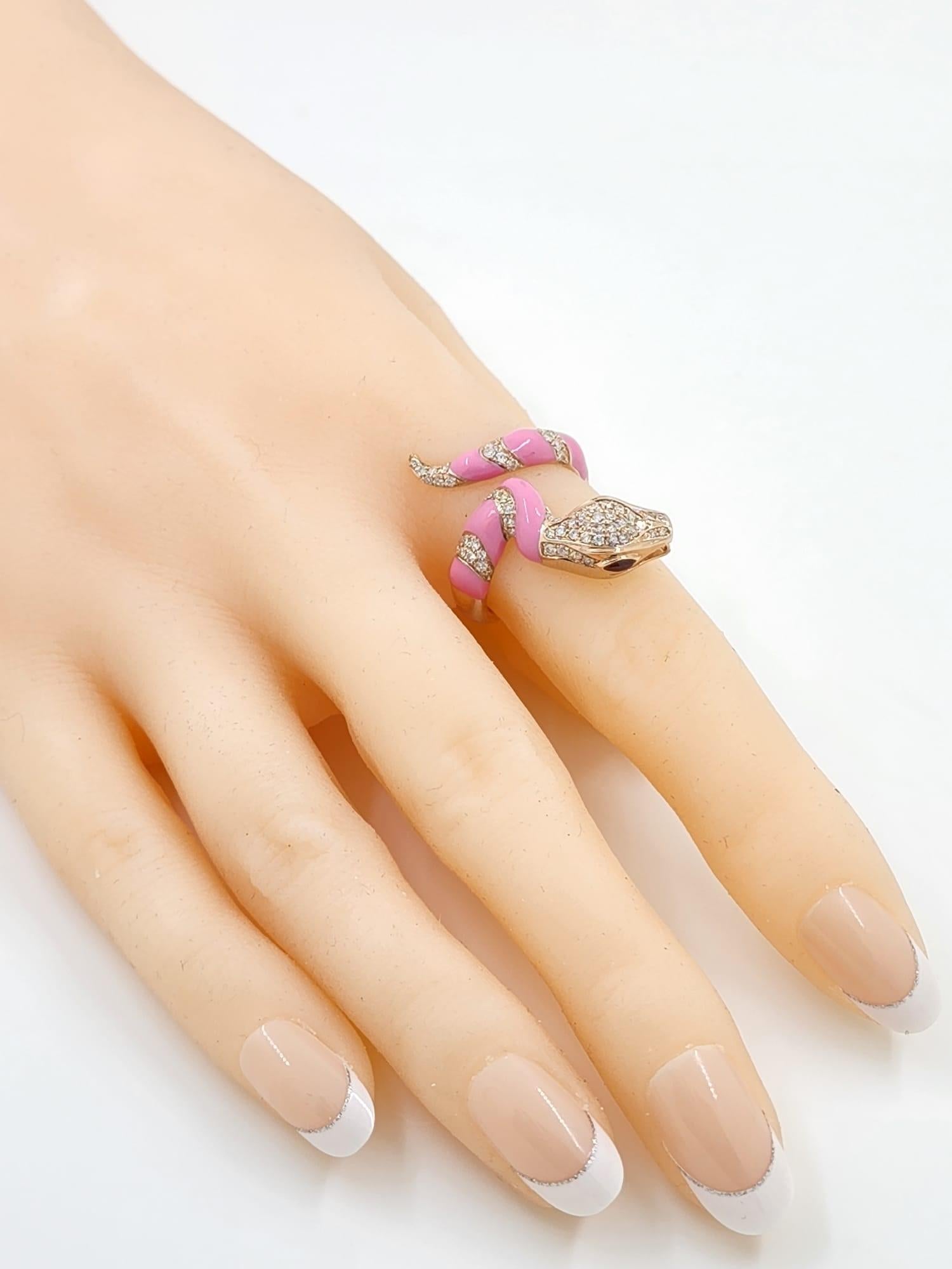 Modernist Pink Enamel Snake Diamond Ring in 18 Karat Rose Gold For Sale