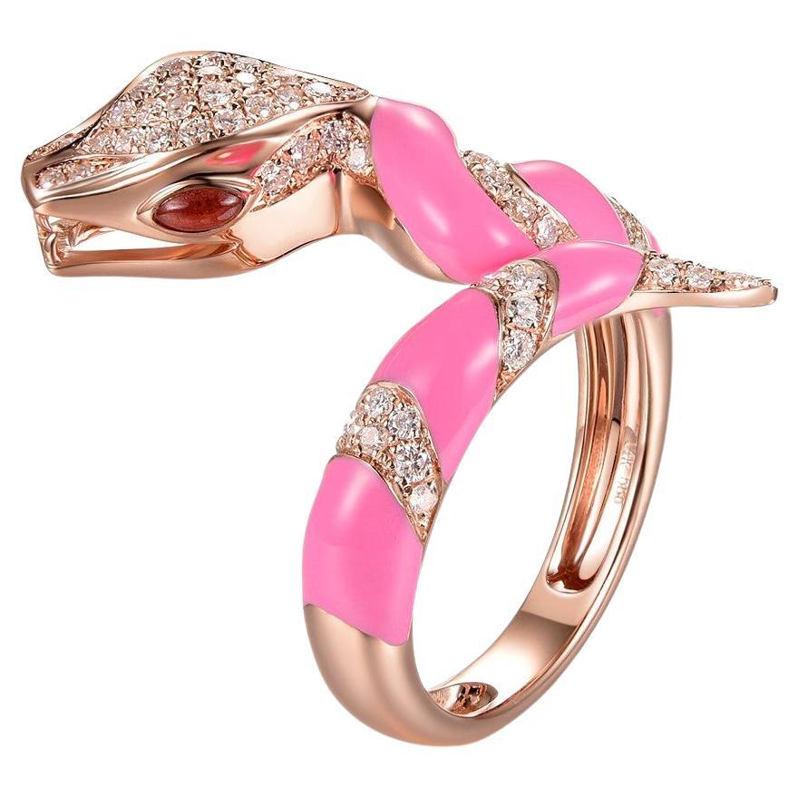 Pink Enamel Snake Diamond Ring in 18 Karat Rose Gold