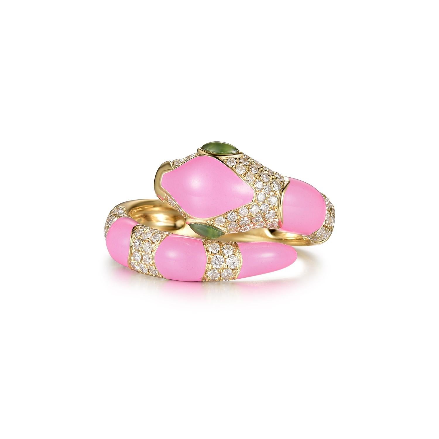 This stunning snake ring features 0.75 carat of white round diamonds, the body is covered with pink enamel. The eyes of the ring is set with green jade. The snake can be customized in any color or stones. The ring is made with 18 karat yellow gold.