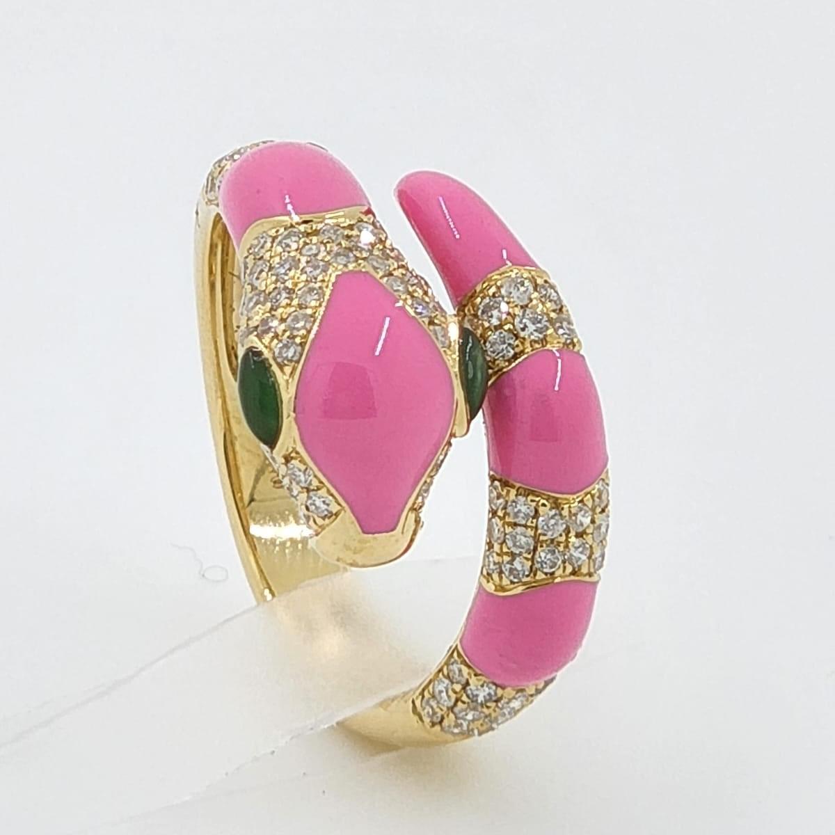 Modernist Pink Enamel Snake Diamond Ring in 18 Karat Yellow Gold