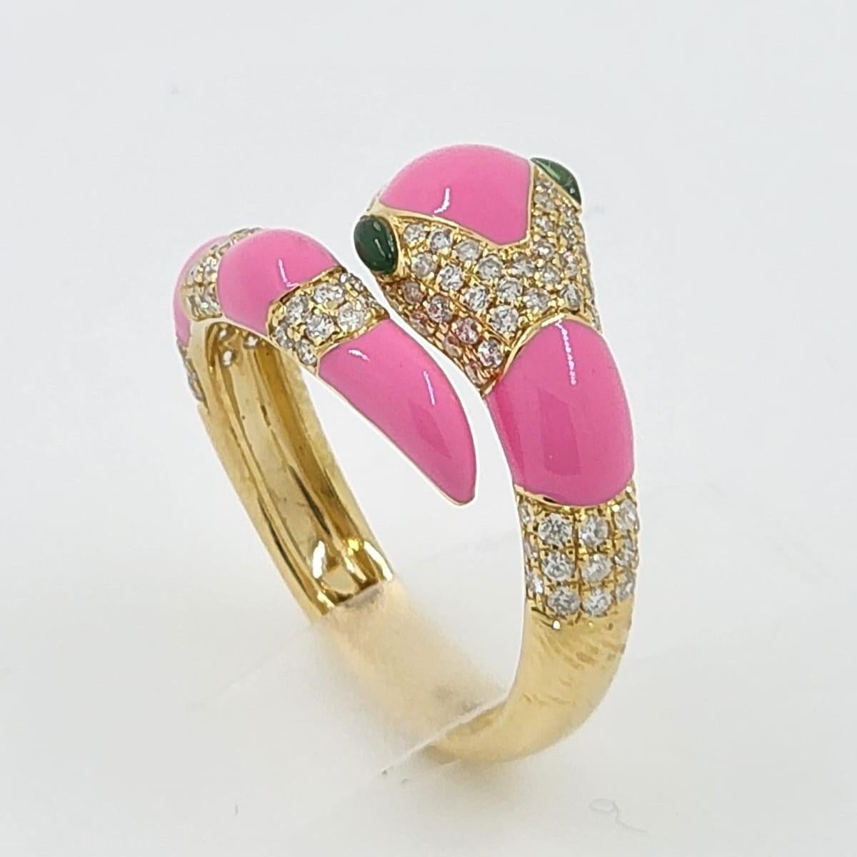 Round Cut Pink Enamel Snake Diamond Ring in 18 Karat Yellow Gold