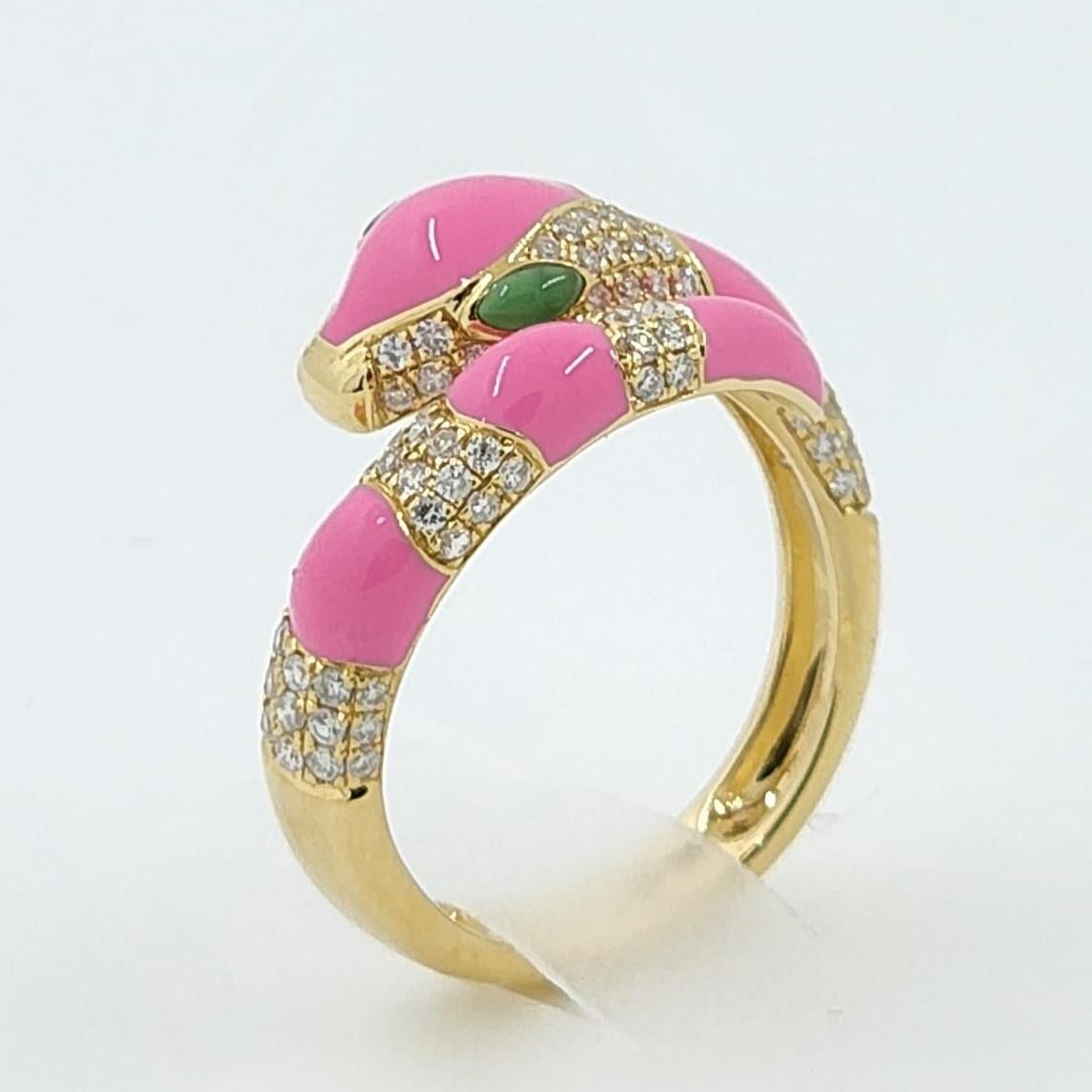 Pink Enamel Snake Diamond Ring in 18 Karat Yellow Gold In New Condition In Hong Kong, HK