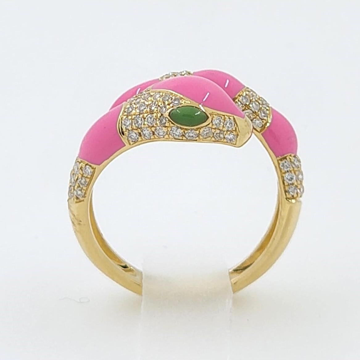 Women's Pink Enamel Snake Diamond Ring in 18 Karat Yellow Gold