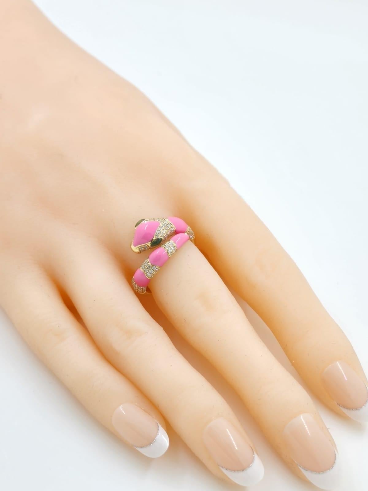 Pink Enamel Snake Diamond Ring in 18 Karat Yellow Gold 1