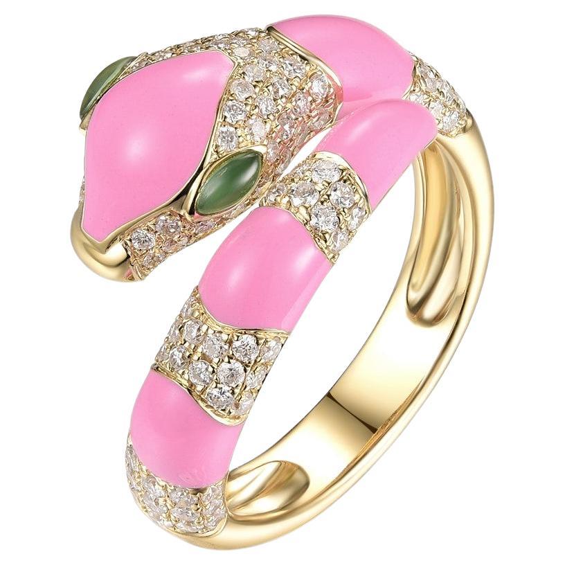 Pink Enamel Snake Diamond Ring in 18 Karat Yellow Gold