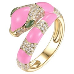 Pink Enamel Snake Diamond Ring in 18 Karat Yellow Gold