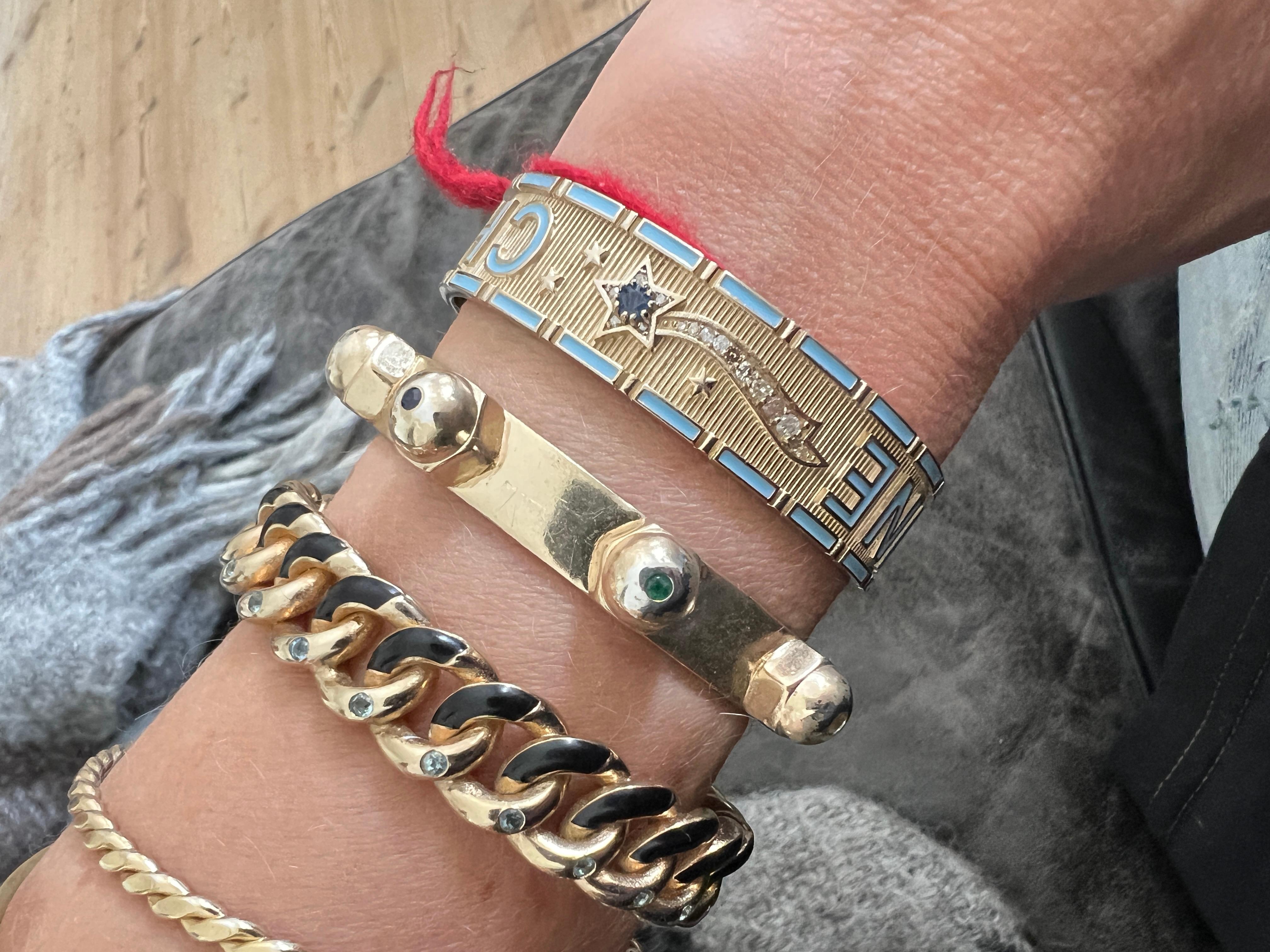 Pink Enamel Star Cuff Bracelet Blue Sapphire Diamond Divine Child For Sale 7