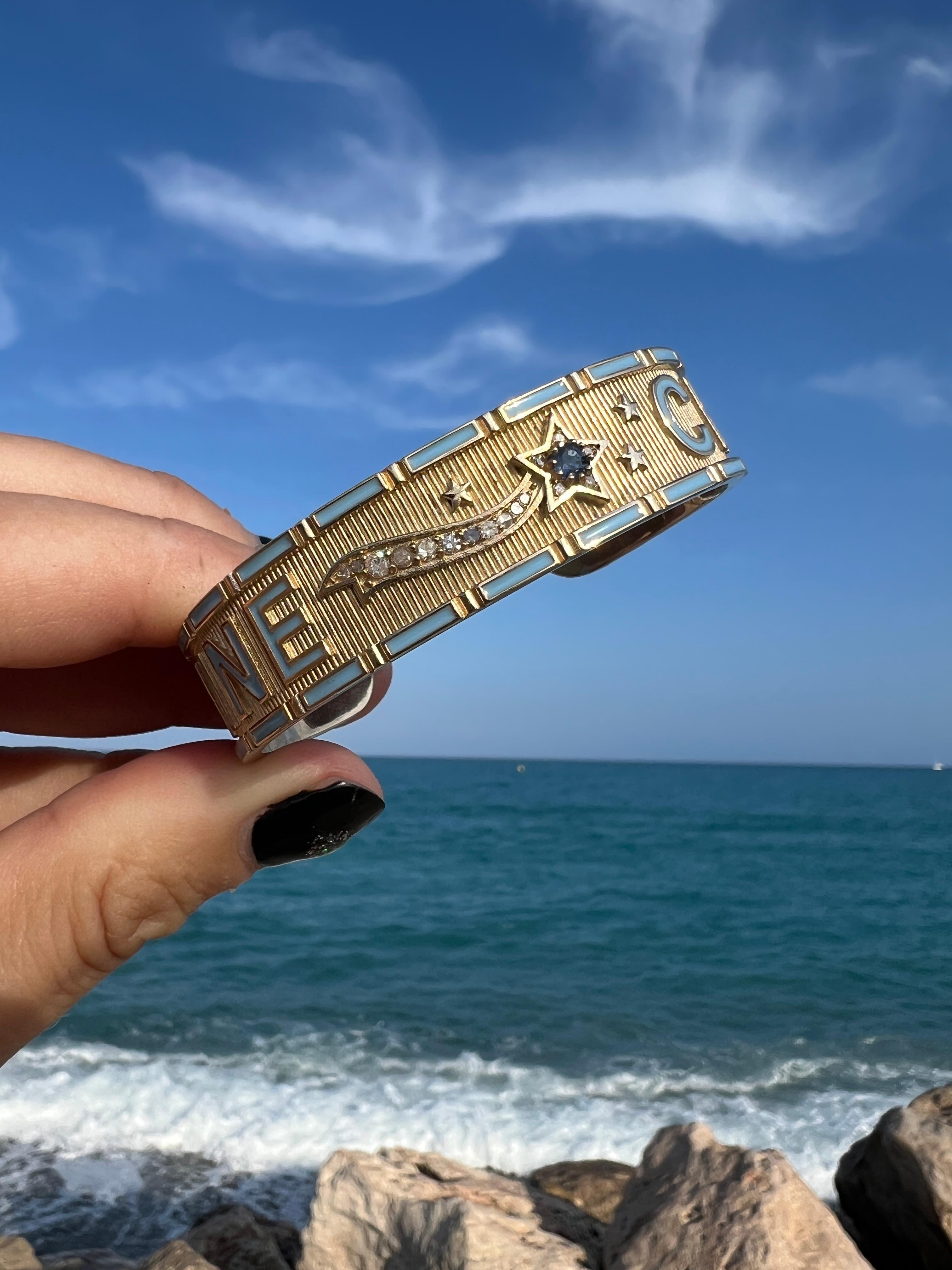 Pink Enamel Star Cuff Bracelet Blue Sapphire Diamond Divine Child For Sale 9