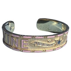 Pink Enamel Star Cuff Bracelet Blue Sapphire Diamond Divine Child