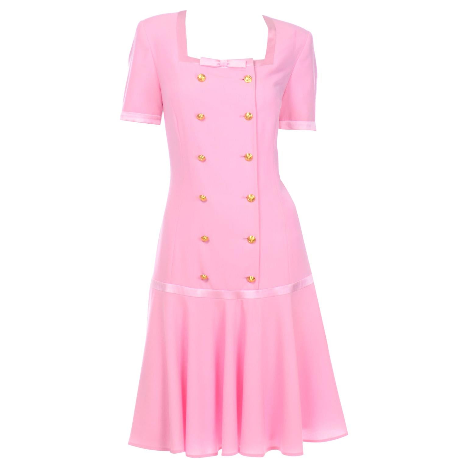 Pink Escada Vintage Dress With Double Breasted Gold Buttons and Drop Waist